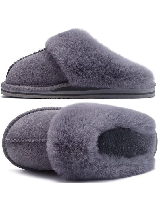 Shoes - Womens Dark Grey Cozy Memory Comfy Winter Scuff Indoor Outdoor Rubber Hard Sole